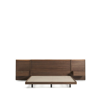 Norlen bed with 2 bedside tables in walnut veneer with dark finish and LED light for mattress 180 x 200 cm FSC Mix Credit