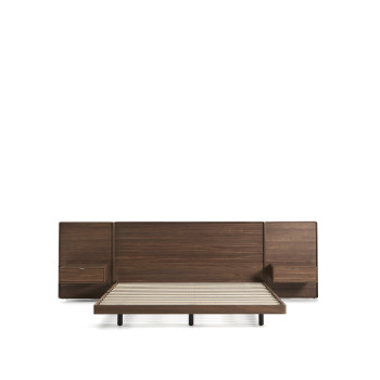 Norlen bed with 2 bedside tables in walnut veneer with dark finish and LED light for mattress 180 x 200 cm FSC Mix Credit