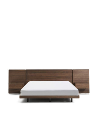 Norlen bed with 2 bedside tables in walnut veneer with dark finish and LED light for mattress 180 x 200 cm FSC Mix Credit