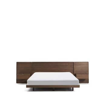 Norlen bed with 2 bedside tables in walnut veneer with dark finish and LED light for mattress 180 x 200 cm FSC Mix Credit