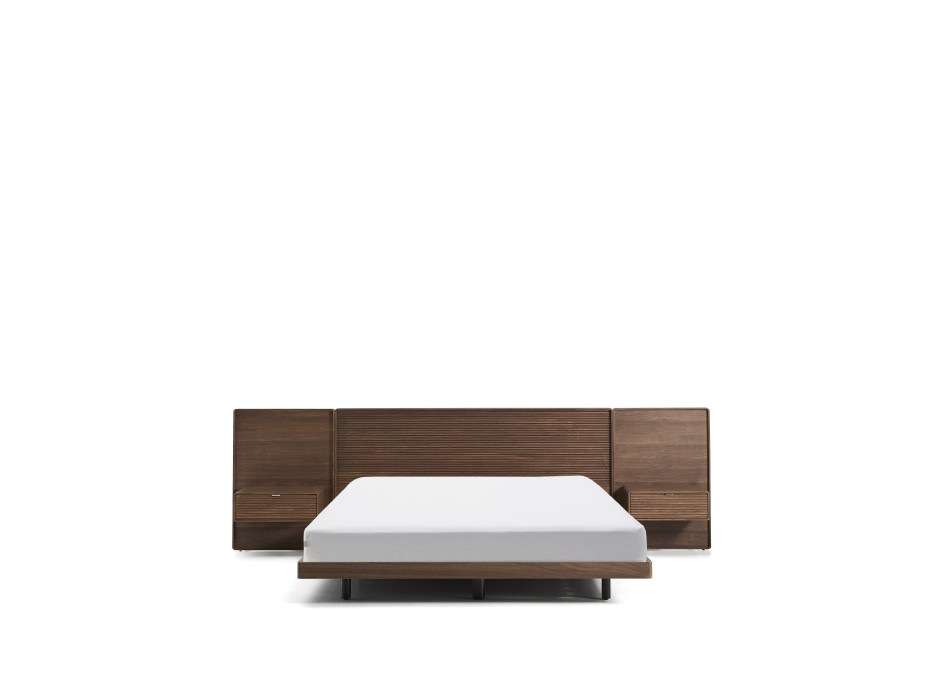 Norlen bed with 2 bedside tables in walnut veneer with dark finish and LED light for mattress 180 x 200 cm FSC Mix Credit