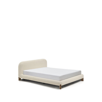 Odina bed with removable cover in ecru bouclé with solid ash legs and walnut finish for a 160 x 200 cm mattress