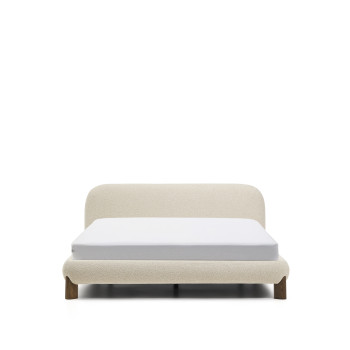 Odina bed with removable cover in ecru bouclé with solid ash legs and walnut finish for a 160 x 200 cm mattress
