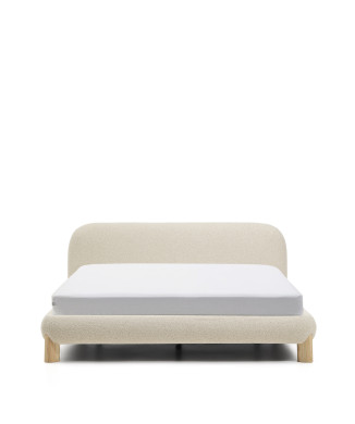 Odina bed with removable cover in ecru bouclé with solid ash legs and a natural finish for a 180 x 200 cm mattress