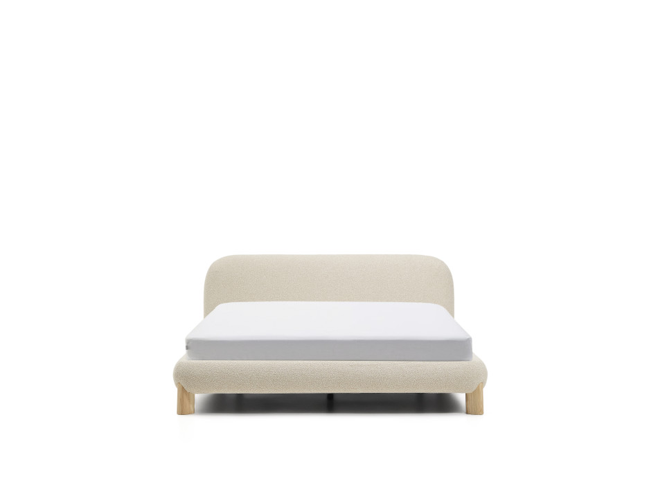 Odina bed with removable cover in ecru bouclé with solid ash legs and a natural finish for a 180 x 200 cm mattress