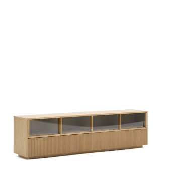 Helvine TV cabinet with 4 doors and 2 drawers, oak veneer and tempered glass, 200x54cm, FSC 100%