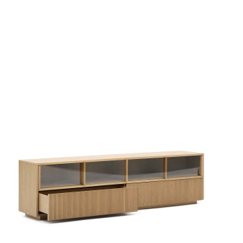 Helvine TV cabinet with 4 doors and 2 drawers, oak veneer and tempered glass, 200x54cm, FSC 100%