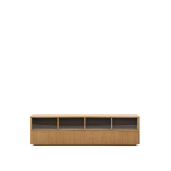 Helvine TV cabinet with 4 doors and 2 drawers, oak veneer and tempered glass, 200x54cm, FSC 100%