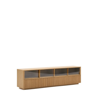 Helvine TV cabinet with 4 doors and 2 drawers, oak veneer and tempered glass, 200x54cm, FSC 100%