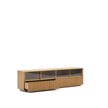 Helvine TV cabinet with 4 doors and 2 drawers, oak veneer and tempered glass, 200x54cm, FSC 100%