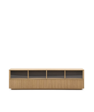 Helvine TV cabinet with 4 doors and 2 drawers, oak veneer and tempered glass, 200x54cm, FSC 100%