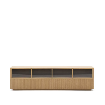 Helvine TV cabinet with 4 doors and 2 drawers, oak veneer and tempered glass, 200x54cm, FSC 100%