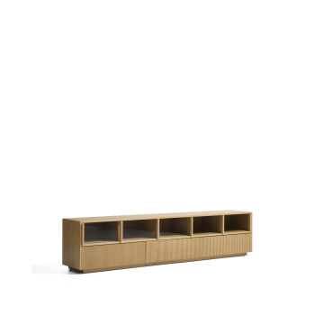 Helvine TV cabinet with 5 doors and 3 drawers in oak veneer and tempered glass 242 x 53.5 cm FSC 100%