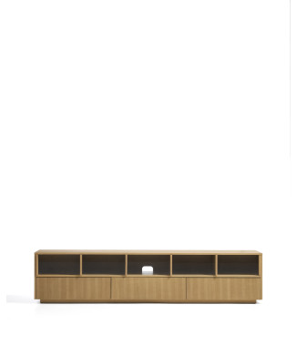 Helvine TV cabinet with 5 doors and 3 drawers in oak veneer and tempered glass 242 x 53.5 cm FSC 100%