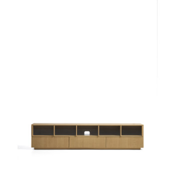 Helvine TV cabinet with 5 doors and 3 drawers in oak veneer and tempered glass 242 x 53.5 cm FSC 100%