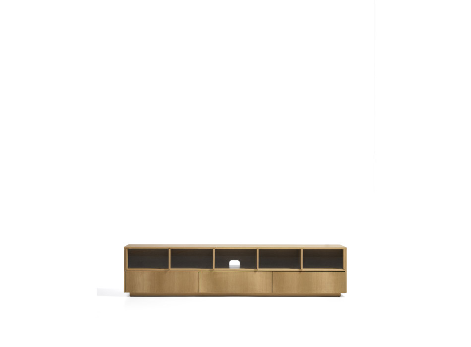 Helvine TV cabinet with 5 doors and 3 drawers in oak veneer and tempered glass 242 x 53.5 cm FSC 100%