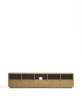 Helvine TV cabinet with 5 doors and 3 drawers in oak veneer and tempered glass 242 x 53.5 cm FSC 100%