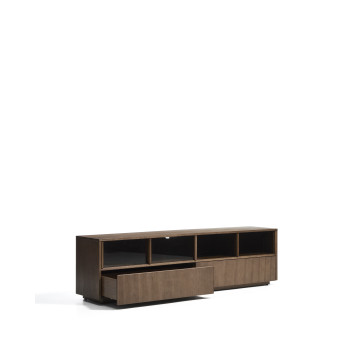 Helvine TV cabinet with 4 doors and 2 drawers in ash veneer with walnut finish and tempered glass 200 x 54 cm FSC 100%