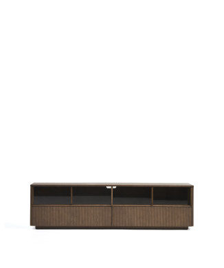 Helvine TV cabinet with 4 doors and 2 drawers in ash veneer with walnut finish and tempered glass 200 x 54 cm FSC 100%