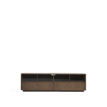 Helvine TV cabinet with 4 doors and 2 drawers in ash veneer with walnut finish and tempered glass 200 x 54 cm FSC 100%