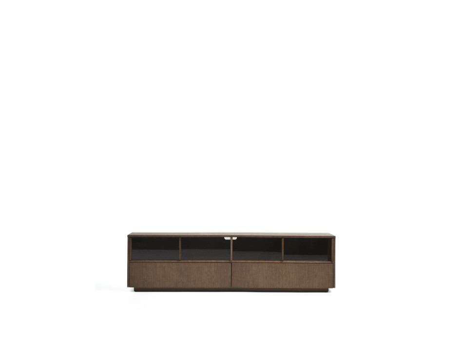 Helvine TV cabinet with 4 doors and 2 drawers in ash veneer with walnut finish and tempered glass 200 x 54 cm FSC 100%