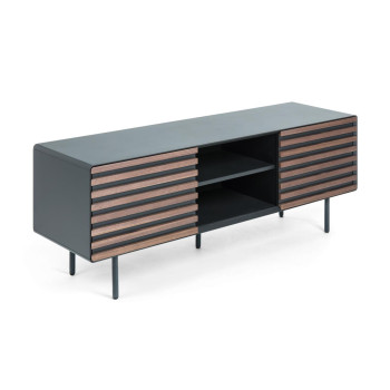 Kesia 2-door TV cabinet in black lacquered walnut veneer and black steel 162 x 58 cm