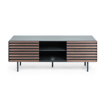 Kesia 2-door TV cabinet in black lacquered walnut veneer and black steel 162 x 58 cm