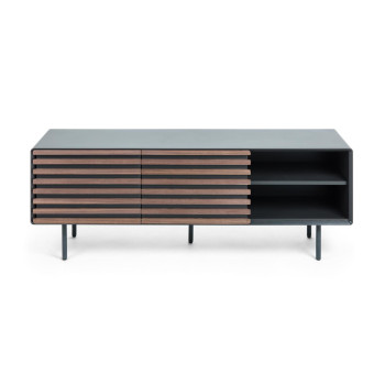 Kesia 2-door TV cabinet in black lacquered walnut veneer and black steel 162 x 58 cm