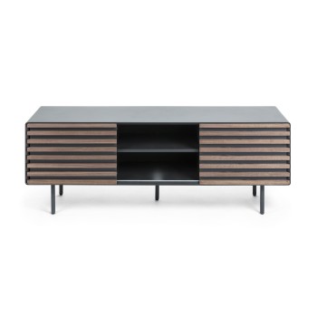 Kesia TV cabinet with 2 doors, walnut veneer, walnut lacquer, graphite MDF or
