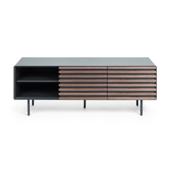Kesia TV cabinet with 2 doors, walnut veneer, walnut lacquer, graphite MDF or