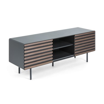 Kesia TV cabinet with 2 doors, walnut veneer, walnut lacquer, graphite MDF or