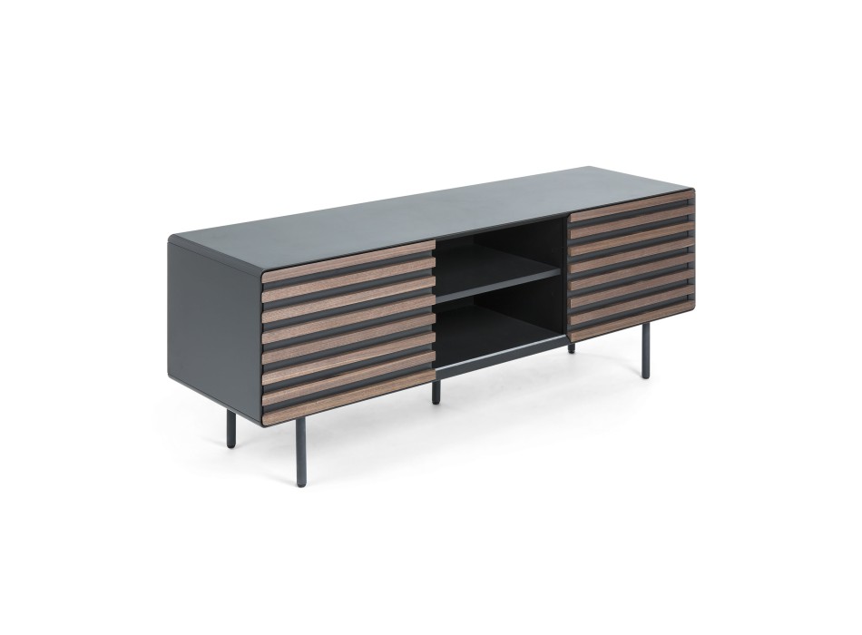 Kesia TV cabinet with 2 doors, walnut veneer, walnut lacquer, graphite MDF or
