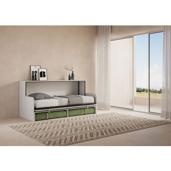 Mod.Kando Single with Sofa - Kando Single Wall Bed with Sofa with White Ash, Green Mattress