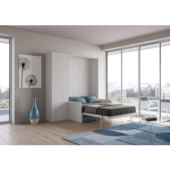 Mod. Kentaro French 140 with sofa - 140 Kentaro foldaway double bed with sofa and column in white ash, light blue