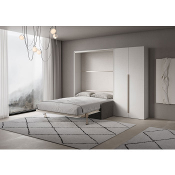 Mod. Versia French 140 with sofa and 2-door wardrobe left-right - French foldaway double bed 140 Versia with sofa and 2-door wardrobe right clay