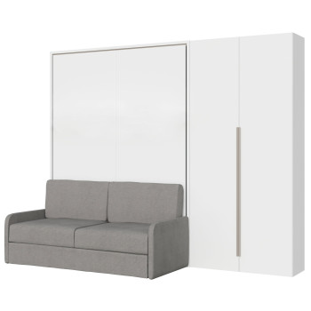 Mod. Versia French 140 with sofa and 2-door wardrobe left-right - French foldaway double bed 140 Versia with sofa and 2-door wardrobe right clay