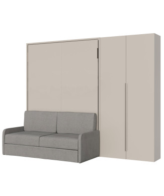 Mod. Versia French 140 with sofa and 2-door wardrobe left-right - French foldaway double bed 140 Versia with sofa and 2-door wardrobe right clay