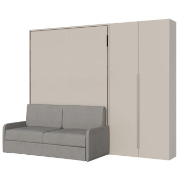 Mod. Versia French 140 with sofa and 2-door wardrobe left-right - French foldaway double bed 140 Versia with sofa and 2-door wardrobe right clay