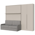 140cm French foldaway double bed, vertical, Versia Sofà, with sofa, shelf and 2-door wardrobe on the right, Clay