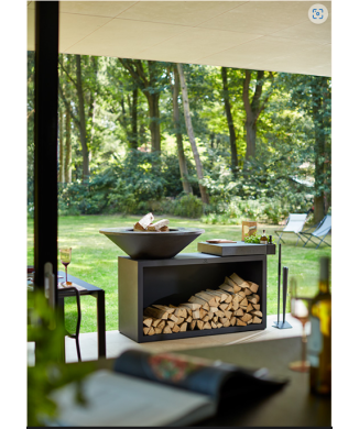 OFYR ISLAND - BARBECUE BRAZIER WITH WOOD HOLDER AND TEAK WOOD SUPPORT TOP