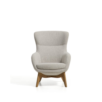 Adiran armchair in thick beige chenille with solid oak legs with a natural finish