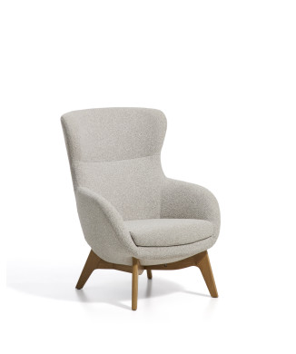 Adiran armchair in thick beige chenille with solid oak legs with a natural finish