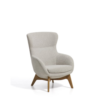 Adiran armchair in thick beige chenille with solid oak legs with a natural finish