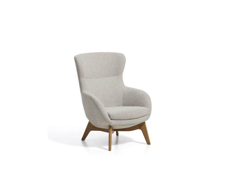 Adiran armchair in thick beige chenille with solid oak legs with a natural finish