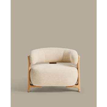 Granite beige outdoor armchair with 100% FSC solid teak wood legs with a natural finish.