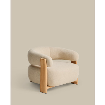 Granite beige outdoor armchair with 100% FSC solid teak wood legs with a natural finish.