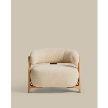 Granite beige outdoor armchair with 100% FSC solid teak wood legs with a natural finish.