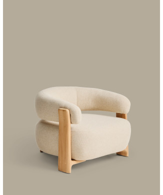 Granite beige outdoor armchair with 100% FSC solid teak wood legs with a natural finish.