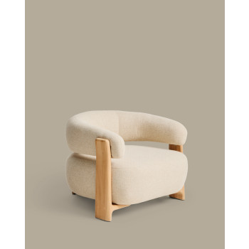 Granite beige outdoor armchair with 100% FSC solid teak wood legs with a natural finish.