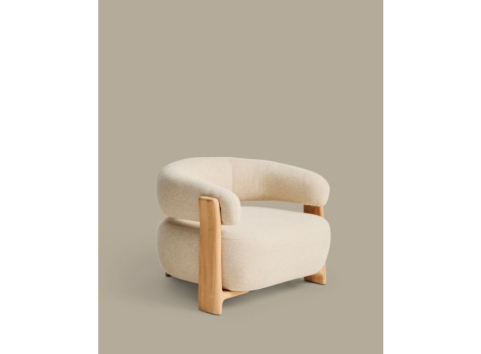 Granite beige outdoor armchair with 100% FSC solid teak wood legs with a natural finish.